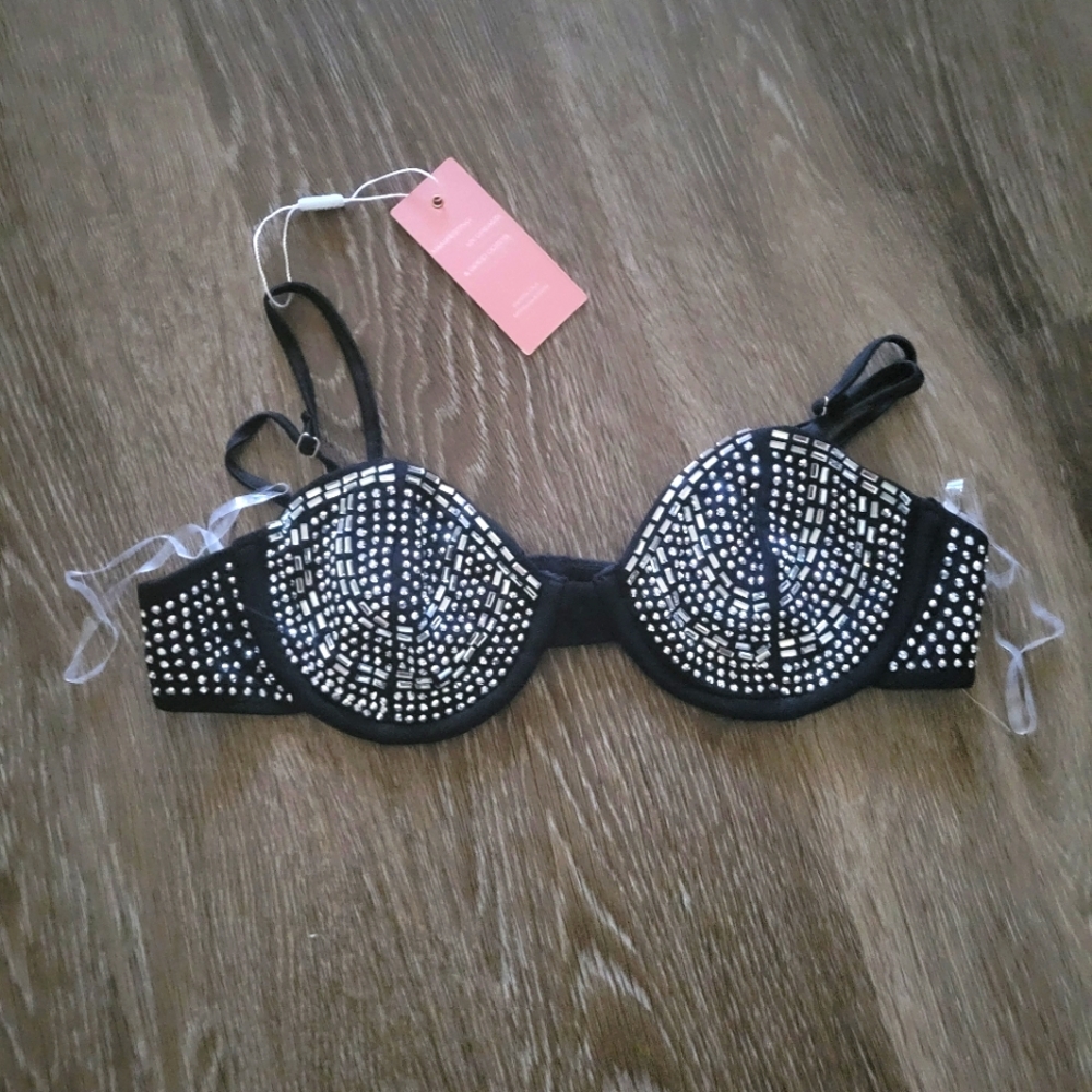 NWT Miss Lola Black Rhinestone Bra| Size L